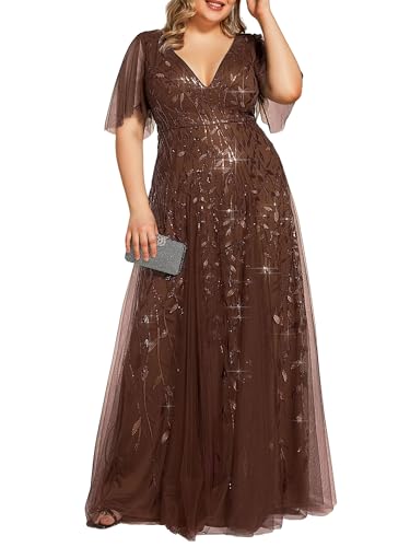 Image of Ever-Pretty Women's Sequin Plus Size Formal Dresses Evening Gown V-Neck Sheer Short Sleeve A-Line Mother of Bride Dress Brown US18