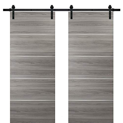Double Barn Sliding Grey Doors 84 X 96 With 14Ft Rails | Planum 0020 Ginger Ash | Heavy Top Mount Track Slider Set | Closet Modern Solid Core Doors #TOP29