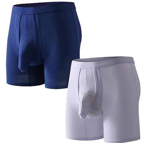 Pouchsexy Separate Pouch Men's Underwear Boxer Briefs Anti-Chafing Long Leg Mens Boxer Briefs Tagless Trucks 2-pack (as1, alpha, x_l, regular, regular, Navy/White)