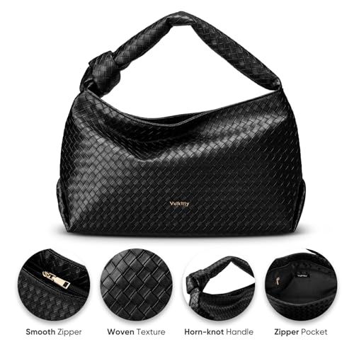 Image of Vulkitty Hobo Bags For Women, Woven Leather Shoulder Purse Fashion Designer Ladies Top-Handle Handbag Black