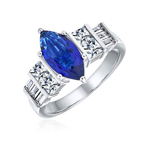 Bling Jewelry Personalize Vintage Estate Art Deco Style Halo Blue Simulated Sapphire Marquise Oval Solitaire Engagement Ring For Women .925 Sterling Silver Customizable2