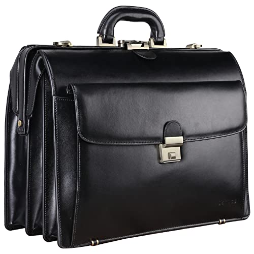 Banuce Leather Briefcase for Men with Lock Lawyer Attorney Litigator Bag 15.6 Laptop Attache Case Hard Doctor Style Bag Black