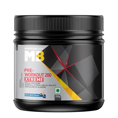 MuscleBlaze Pre Workout 200 Xtreme (Berry Bolt, 30 Servings, 200g) | 200mg Caffeine, 200mg Theanine, 2000mg Beta Alanine, 3000mg Citrulline