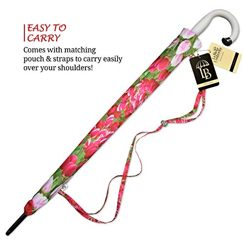 Extra Large Umbrella Windproof - Stick Designer Umbrella For Women - Colorful Rain Umbrella With Hook Handle - Pink Floral Umbrella Tulips Design - Quality Fashion Umbrella Durable For Wind By Lb #TOP3