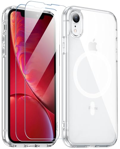 SPIDERCASE for iPhone XR Case, Magnetic Clear Case with 2PCS Tempered Glass Screen Protector Slim Phone Case for iPhone XR 6.1'', Clear