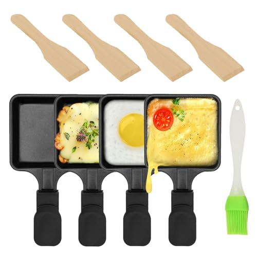 Kosmosta Raclette Pan - Mini placa cuadrada antiadherente de hierro con revestimiento antiadherente, 18 x 9 cm, color negro, incluye 4 espátulas de madera