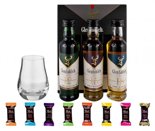 Glenfiddich Miniaturen Single Malt Whisky, 3 Flaschen je 50ml + Glas + 8 Edelschokoladen in 8 Sorten Whisky Geschenkset Männergeschenke Whiskyschokolade
