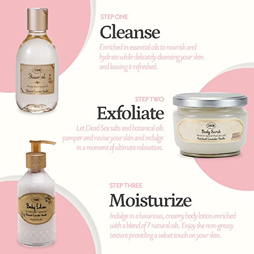 Sabon Patchouli Lavender Vanilla Set | Exfoliating Dead Sea Salt Body Scrub, Shower Oil And Body Lotion | For All Skin Types | 3 Items #TOP1