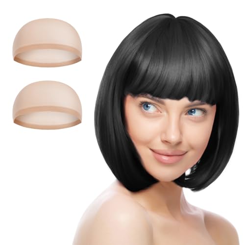 AUYAO Perruque Partyrama, 28cm bob court avec frange Unique, Perruque Coupe au Carré Classique avec Lunettes et bonnets de perruque pour le carnaval &...