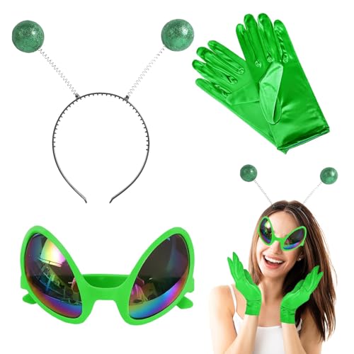 GIUSOBG 3 Piezas Disfraz Extraterrestre, Diadema Alien, Lentes Arcoíris y Diadema de Antena Complementos Disfraz, Disfraz Alienígena Para Mujer, Para Niños y Adultos Fiestas Temáticas Alienígenas