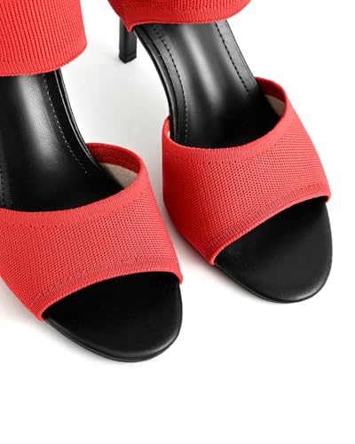 Image of Peep Toe Heels for Women Sexy 3 Inches Stiletto Heeled Sandals for Women Open Toe Wide Stretchy Knit Heel Sandal Booties Slip On Comfortable Dressy Shoes for Prom, Party and Work