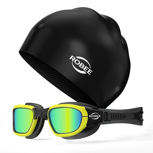 Robee Swim Goggles Silicone Swimming Cap and Carrying Case, Polarized Pool Goggles for Adult Men Women Youth