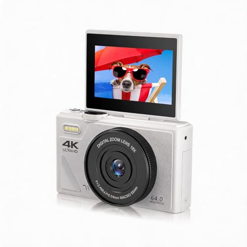 Retro 64MP Digital Camera, Vintage 4K UHD Vlogging Camera with 18X Zoom, Autofocus, 3 Inch Flip Screen for Travel Photography Vlogging (White)