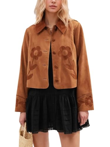utcoco Women Fashion Floral Patchwork Cropped Faux Suede Leather Jacket 2025 Fall Clothes Button Down Lightweight Coat