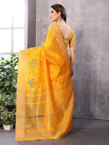 Image of StyleScope Women's Assam Cotton Silk Golden Boarder Thread Embroidered Saree With Unstitched Blouse Piece (Ulajh)
