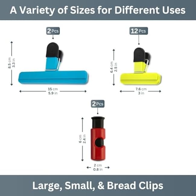 Food Bag Clips - 16 Pcs, 3 Assorted Sizes | Small, Large & Bread Bag Clips for Fresh Food Storage, Freezer Bags or Sandwich Bag Sealer | BPA Free Plastic Kitchen Clips with Storage Holder Included