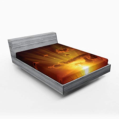 Ambesonne Clouds Fitted Sheet, Dramatic Burning Sunset in The Sky