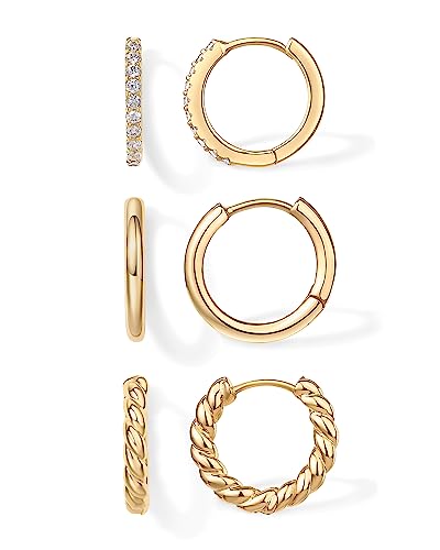 PAVOI 18K Yellow Gold Plated 925 Sterling Silver Posts 3 Pairs Small Hoop Earrings for Women - Cubic Zirconia Plain Rope Huggie Hoops Pack - Lightweight Earrings Set