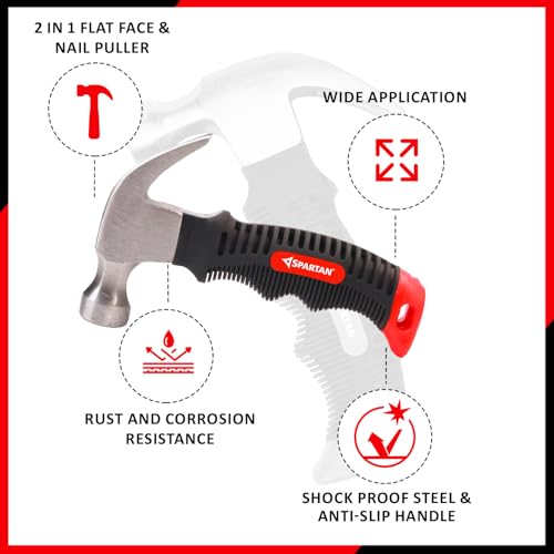 Image of Spartan Mini Claw Hammer, 1-Inch Carbon Steel Head, Short Non-Slip Rubber Handle (Red & Black), Stubby Hammer for Woodworking, DIY, Household & Car Glass Emergency