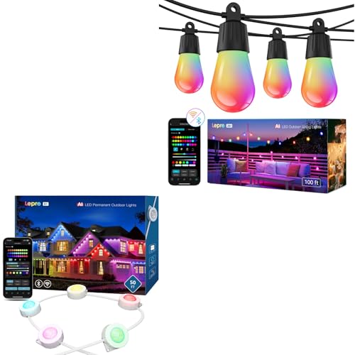 Lepro Bundle - 50ft E1 RGB+IC AI Smart Permanent Outdoor Lights with 30 Warm/Cool LED Lights & 100ft ZB1 RGB+IC AI Smart Outdoor String Lights with 30