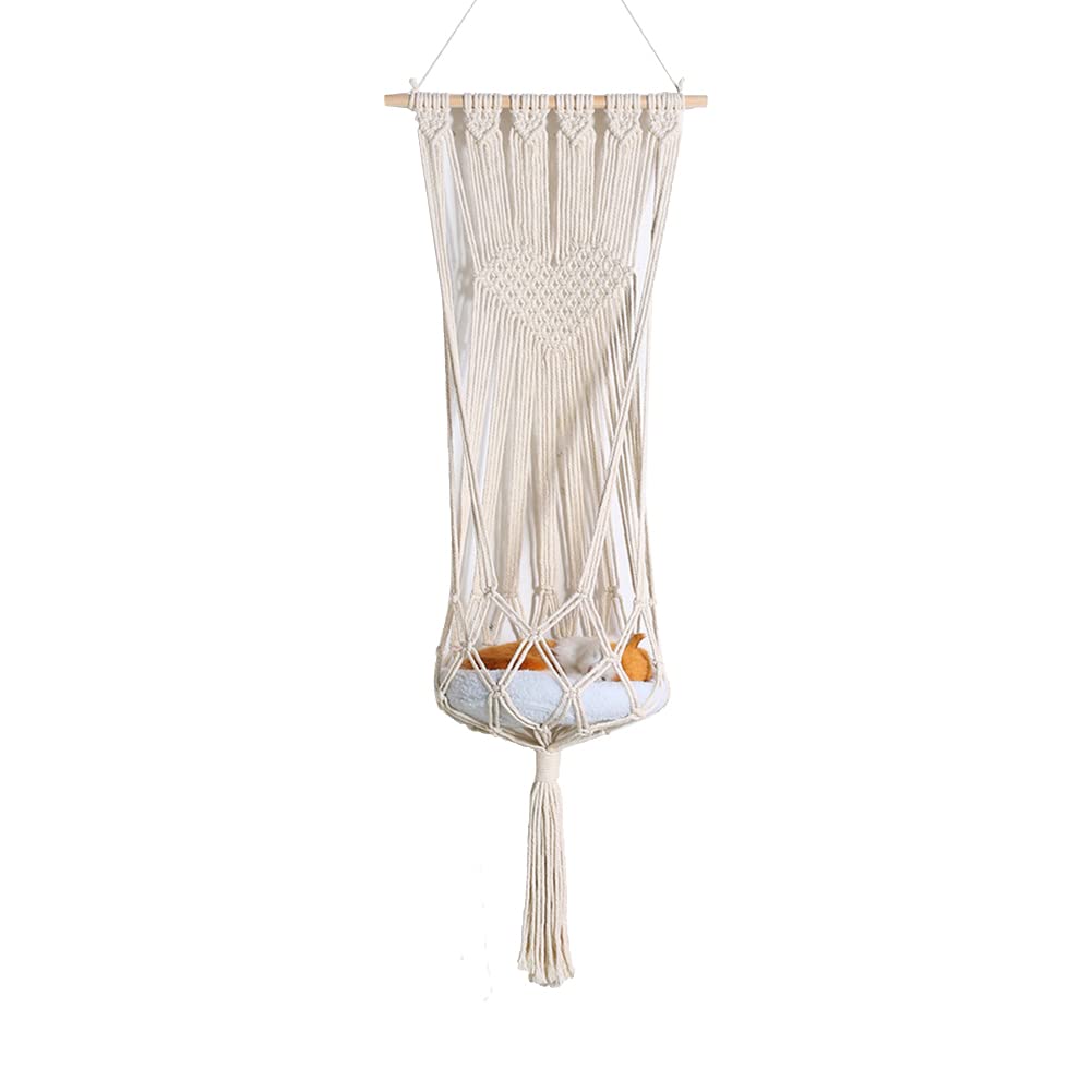 EUBUY Macrame Cat Hammock, Handwoven Hanging Cat Bed Swing, Boho Style, Cotton Rope, Rectangular, Elevated, Medium Size, Love Heart Style (20-30 Lbs), Indoor/Outdoor