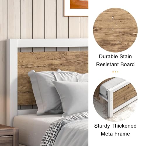 Image of Catrimown Full Size Bed Frame with Headboard, Full Metal Platform Bed Frame with Steel Slat Support, 10.5 in Under Bed Storage, No Box Spring Needed, Easy Assembly, White Brown