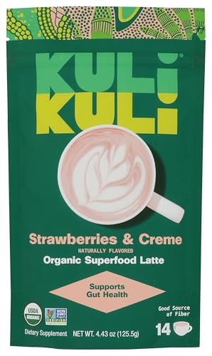 Kuli Kuli Strawberries & Crème Organic Superfood Latte - Strawberry Flavor. Packed with Psyllium Husk for Digestive Support with Hibiscus and Baobab
