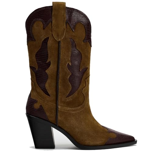 YIYA Brown Suede Cowboy Mid Calf Boots for Women Wide Calf Western Embroidered Cowgirl Boots Pointed Toe Chunky Block Heels Pull On Shoes2