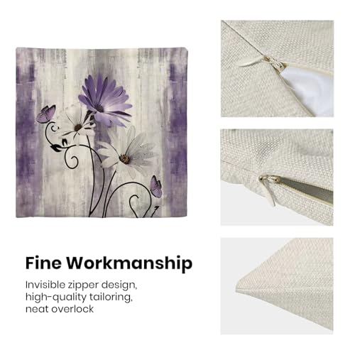 Sorktse Purple Pillow Covers 18x18 Inch Set of 2 Vintage Purple White Daisy Floral Throw Pillows Spring Summer Flower Butterfly Pillowcases Linen Outdoor Decor Cushion Covers for Sofa Couch — view 6