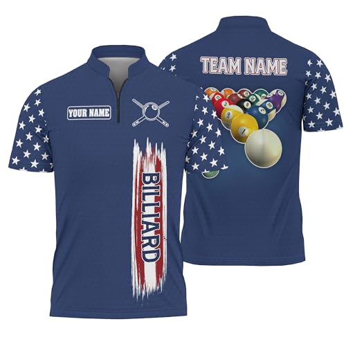 GIFORAL Billiard Zip Tshirt with Customizable Name 3 D 8 Ball Pool and Blue Honeycomb Pattern Quarter Zip Jersey for Billiard Team