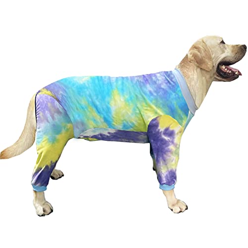 PriPre Pajamas for Large Dogs Cotton Tie dye Shirts Dog Onesie Jumpsuit Pet Sleeper Shirts Full Coverage Dog pjs (Large, Blue Tiedye)