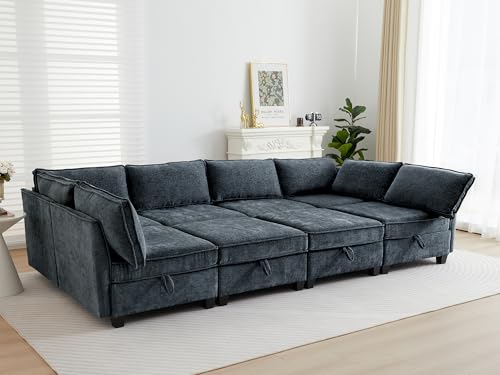 Image of ORRD Oversize Sleeper Modular Sectional Sofa Set, Convertible Couch Bed with Storage, 8 Seater Sofa Modular for Living Room, Office (Blue Grey)