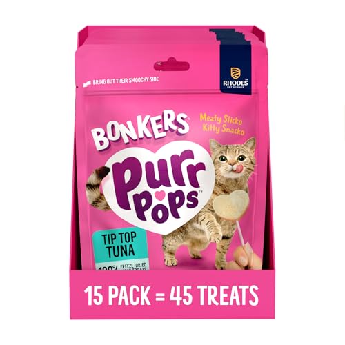 Bonkers Purrpops Freeze Tip Top Tuna Flavor Lollipop Cat Treats Healthy Single Ingredient Treats Training Treats or Food Topper for All Breeds and Ages Value Pack (15 Pack 45 Treats)