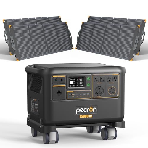 PECRON F5000LFP Power Station with 4 x 300W solar panel, 5120Wh Solar Generator with 7200W AC Output, 120V/240V Dual Voltage, Expandable to 35.8kWh, Essential LiFePO4 Battery for Emergency, Home Use