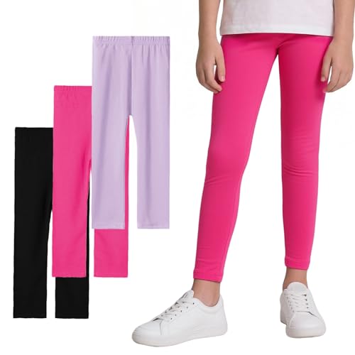 Domueay Leggings para Niñas Suaves Transpirable Pantalones Largos Cintura Elástica Mallas Modal Pack de 3 Color Sólidos Baile Legging Infantiles Deportivas Ropa 8 9 Años, Negro Violeta Rosa