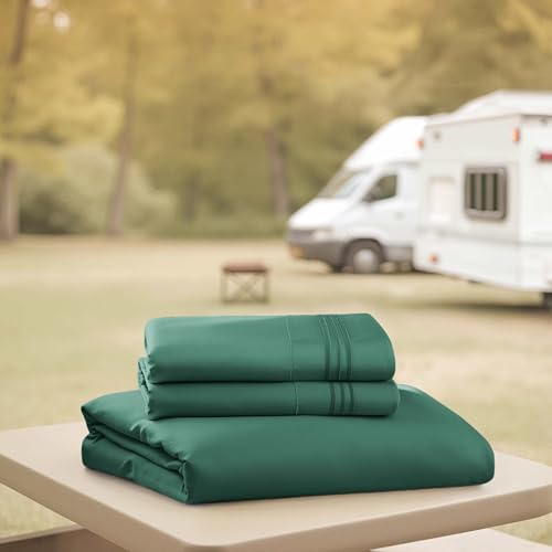 Image of Nestl Dark Green Short Queen Sheets for RV, Hotel Luxury RV Queen Sheets Set, 4 Piece Fitted Bed Sheet Set and Pillowcases, Super Soft, Wrinkle-Free, and Breathable Camper Bedding