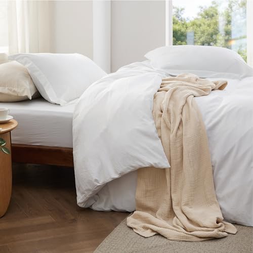 Image of Bedsure Duvet Cover Full Size with Fitted Sheet - 4 Pieces Prewashed Polyester Soft Bedding Set, Includes 1 Duvet Cover 80x90 Inches with Zipper Closure, 2 Pillow Shams, 1 Fitted Sheet, Bright White