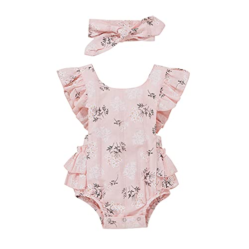 Image of Xiaodriceee Newborn Baby Girl Strap Jumpsuit 0-24 Months Sleeveless Flower Print Sling Romper+Headband Summer Bodysuit Outfit