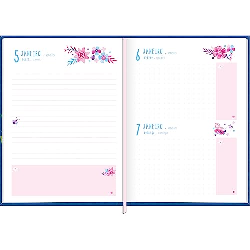 Tilibra - Agenda Costurada Diária 12,3 x 16,6 cm Charme 2024 - Fundo Branco- Flores