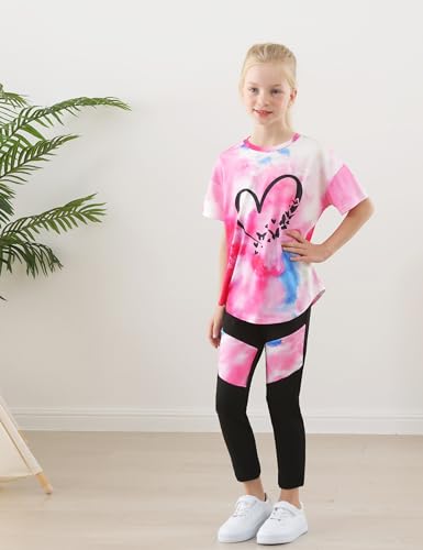 Image of Girls 2 Piece Outfits Kids Clothes Pants Sets Print Short Sleeve Top Leggings Spring Summer Tracksuit 4-13Y