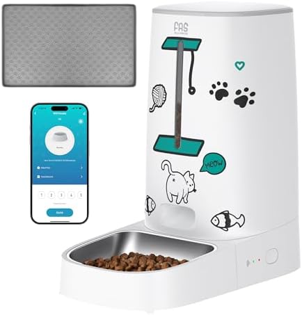 Automatic Pet Feeder w/Free Mat – Pet Food Dispenser for Dry Food, 4L Smart Pet Feeder with 2.4G App Control, Automatic Pet Feeder with Stainless Steel Bowl, 1-10 Meals Per Day – White