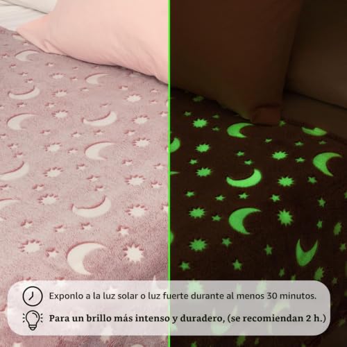 Miniatura 3 de Wanapix Manta Luminosa Brilla En La Oscuridad Suave Y Acogedora Para Niños Y Niñas Manta Rosa De Lunas Apta Lavadora 150x125 Cm