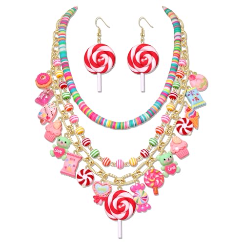 Lollipop Candy Layered Necklace Earrings Set Novelty Funny Colorful Pearl Beads Sweet Candy Lollipop Ice Cream Dessert Pendant Choker Necklaces Dangle Earrings Birthday Holiday Party Jewelry Gift (Various Candy Lollipop Necklace261, 2)
