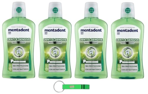 4 x MENTADENT Collutorio P8 – Collutorio quotidiano per igiene orale, effetto fresco intenso, protezione di denti e gengive, 500 ml + portachiavi Beni Culinari gratuito