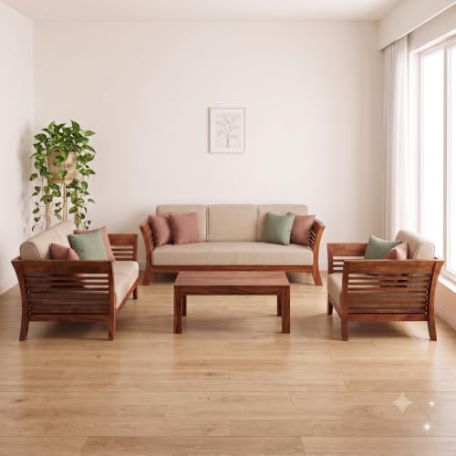 Custom Decor Sheesham Wood 3+1+1 Seater Sofa Set for Living Room |All (Regular-BeigeNew, 6 Seater (3+2+1))