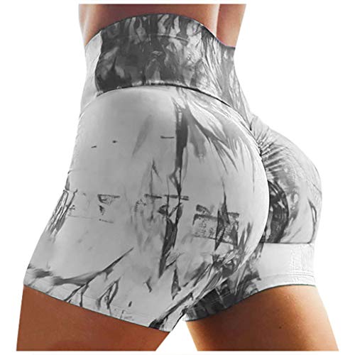 Qians Women's Active Shorts Basic Slip High Waist Tie-Die Print Athletic Shorts Fitness Workout Shorts (Gray, L)