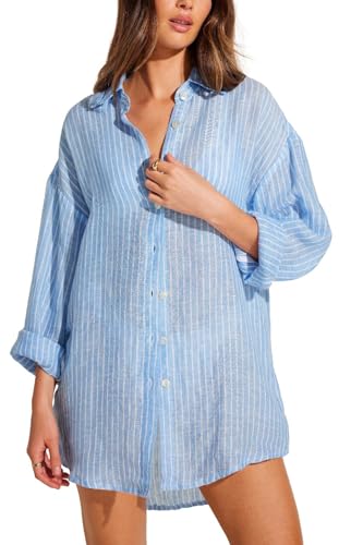 Vitamin A Women's Swimwear Summer Stripe Playa Linen Boyfriend Shirt