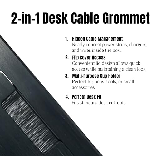 Image of Aluminum Alloy Desk Grommet - Rectangular Metal Cable Wire Hole Cover With Flip Lid & 3-Slot Multifunctional Cup For Computer Table & Furniture - Cord Organizer (200mm*90mm, Black)