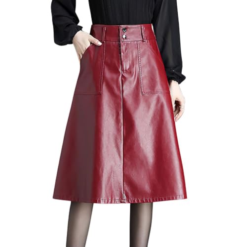 chouyatou Women's Casual High Waist Pu Leather Skirts A-Line Faux Leather Midi Long Skirt with Pockets