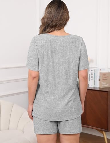 Image of Womens Plus Size Pajama Sets 2 Piece Summer Outfits Short Sleeve Tops Shorts with Pockets for Lounge Sleepwear